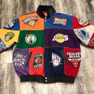 Vintage 90s Y2K Jeff Hamilton NBA Team Patchwork Jacket Mens 6XL Wool Basketball